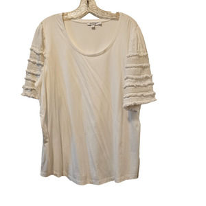 Chicos Womens Blouse White XL Fringe Puff Sleeve Knit Round Neck Pullover Shirt